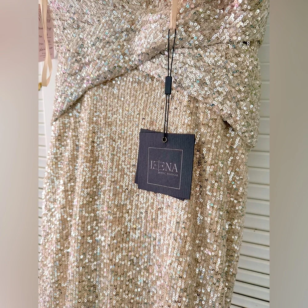Mac Duggal Ieena 26598 V-Neck Wrap Waist Sequin Gown Dress New Champagne Formal